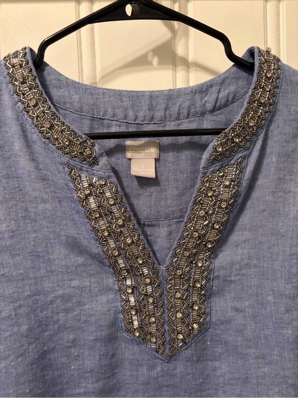 Chico’s Blue Linen Blend Embellished Beaded Tunic Dress Top Size 2 Boho Resort - Picture 3 of 14